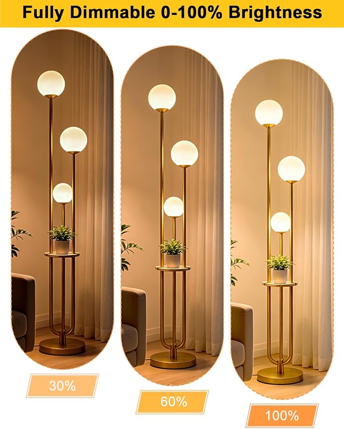 63IN Dimmable Floor Lamp with Shelf, Unique Globe Gold Tall Standing Lamps, 3000K Warmwhite Mid Century Modern Floor Lamp with 5Lbs Heavy Base for Living Room Home Office(Bulbs Included)