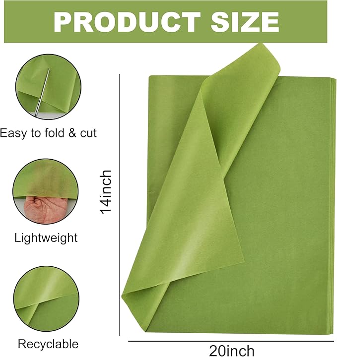 BEISHIDA 100 Sheets Olive Green Tissue Paper Bulk, Wrapping Tissue Paper for Gift Bags, 14 x 20 Inch Gift Wrap for Birthday Wedding Graduation DIY Crafts Holiday Flowers