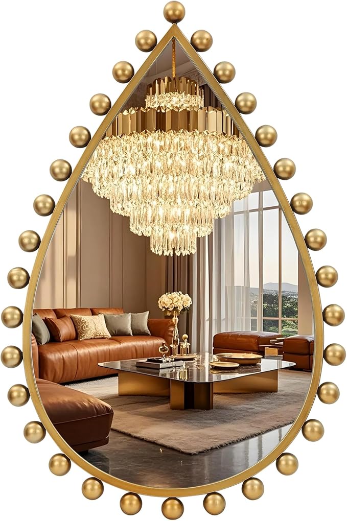 Antique Gold Teardrop Mirror Unique with Ball Frame – 24"x36" Beaded Large Decorative Ornate Wall Mirror for Bathroom, Bedroom, Living Room, Hallway