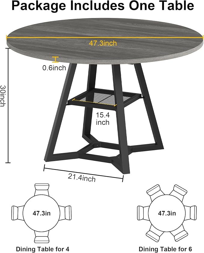 knoworld 47" Round Dining Table for 4, Kitchen Tables Dining Room Circle Dinner Table with Pedestal Metal Frame, Space Saving Wood Industrial Kitchen & Dining Room Tables, Dark Grey 47In