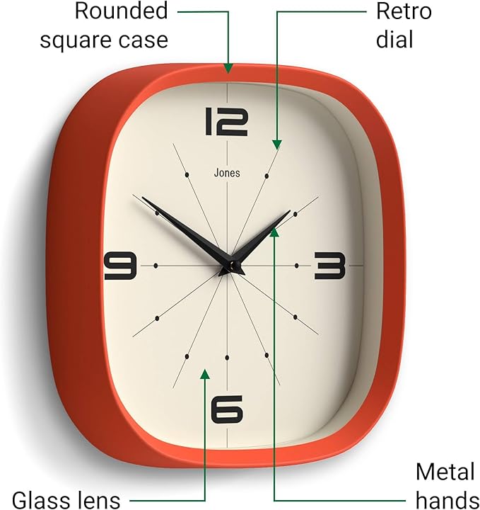 JONES CLOCKS® Pulsar wall Clock | Square Rounded Retro Clock | 10 inch | Orange | Cool Designer Look for Kitchen, Living Room or Office