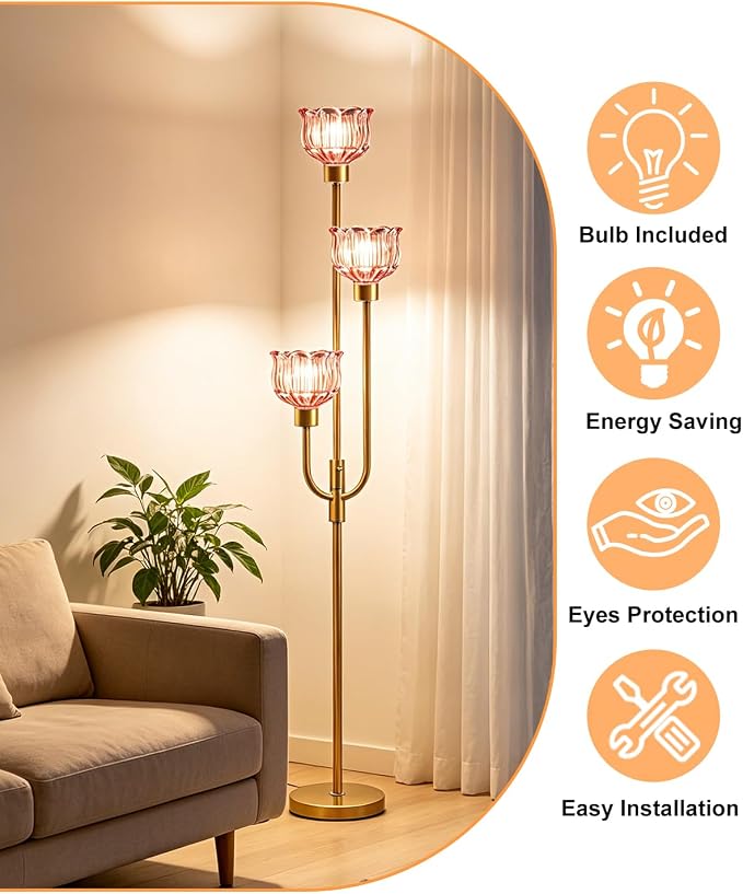 Lightdot 3-Lights Modern Glass Floor Lamp 66IN Gold Dimmable Floor Lamps with 3000K Warm White Bulbs for Wedding Party Tall Standing Lamp with Deep Red Glass Shade for Living Room/Bedroom/Home Decor