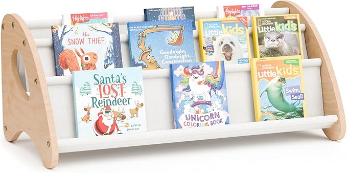 Toddler Bookshelf,4-Tier Book Rack Organizer with Fabric Storage Pockets, Wooden Bookshelves with Open Forward Display, Montessori Book Shelf for Nursery/Playroom, Natural/White
