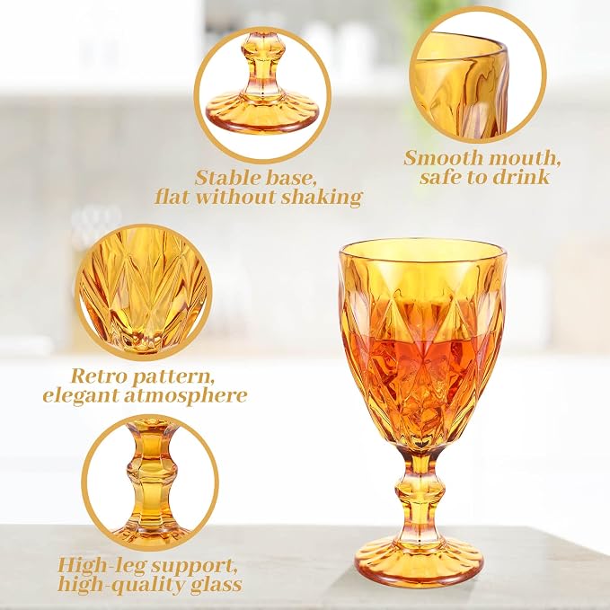 Yinder Glass Goblet Vintage Wine Goblet Embossed Glassware 10 oz Solid Color Glass Stemmed Cups for Iced Tea Beverage Soda Juice Water Liquor and Party Wedding Bars Restaurants(Amber,12 Pack)