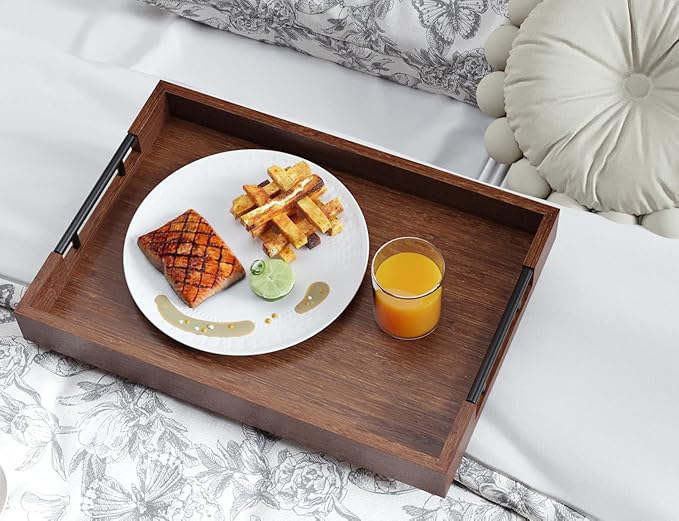 Fibogollo Bamboo Set of 2 Serving Tray with Metal Handles,Ottoman Decorative Trays Platter for Coffee Table,Living Room,Bar,Party(Brown)
