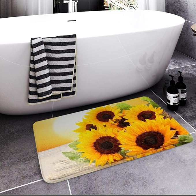 Britimes Bath Mat for Bathroom, Yellow Sunflower Washable Cover Floor Rug Carpets Floor Mat Bathroom Decorations 16x24 Inches for Kitchen Bedroom Indoor