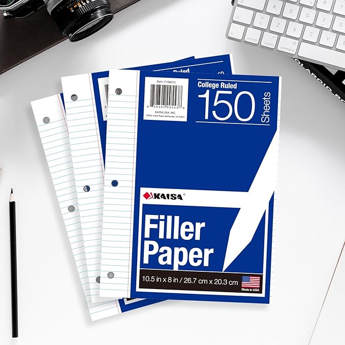 Kaisa Filler Paper Notebook Paper College Ruled 8"x10.5" Loose Leaf Paper for 3-Ring Binders 150 Sheet/pack,12pack (Total 1800 Sheets)