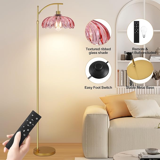 QIYIZM Pink Floor Lamp for Living Room,Bedroom,Gold Dimmable Standing Lamp with Remote,Mid Century Modern Brass Tall Lamp Boho Floor Lamps Arc Stained Glass Flower Floor Light Lamp Girls kids Bohemian