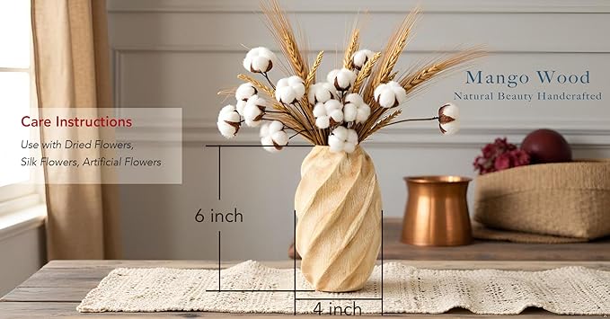 AeraVida 6-Inch Mango Tree Wood Oval Flower Vase with Spiral Carved Design | Light Brown Modern Tabletop Vase | Decorative Vintage Farmhouse Style for Home, Office, or Event Decor