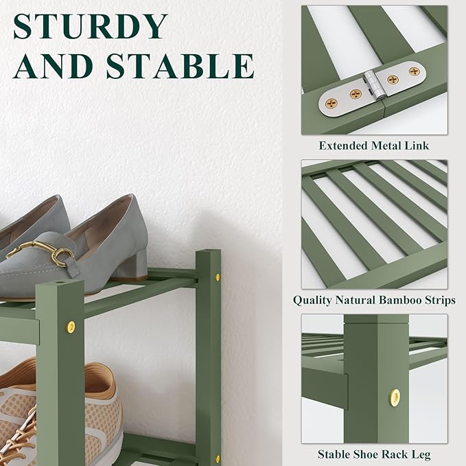 Smiry Bamboo Shoe Rack for Closet, 4 Tier Wooden Stackable Shoe Organizer, Free Standing Shoes Storage Shelf for Entryway, Front Door Entrance, Green
