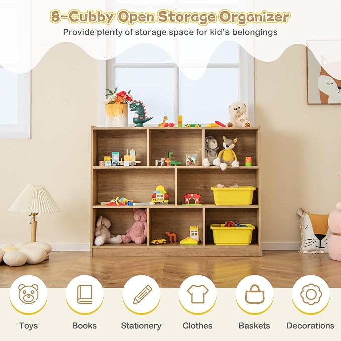 Costzon 3-Shelf Bookcase for Kids, Wooden Toy Storage Organizer for Books Toys, 8-Section Freestanding Classroom Daycare Montessori Bookshelf for Preschool, Home Playroom & Kindergarten (Natural)