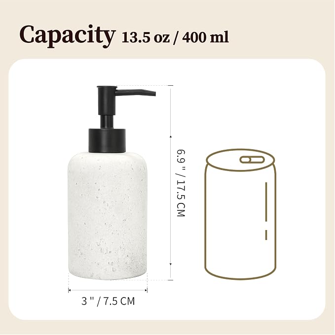 13.5 oz Bathroom & Kitchen Countertop Soap Dispenser, Travertine-Look Durable Resin Bottle with ABS Pump (White)