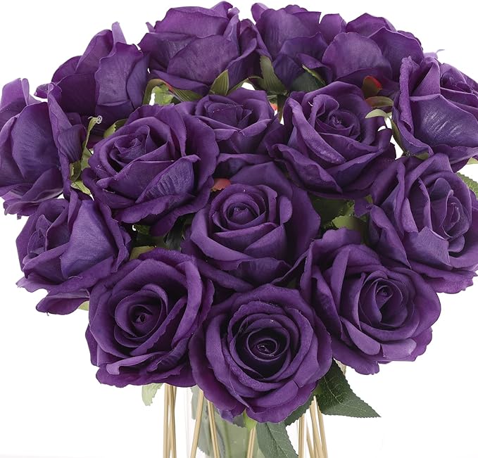 15Pcs Purple Roses Artificial Flowers Fake Roses Long Stem Velet Rose Silk Flowers for Home Wedding Decoration (Round Roses,Pure Purple)