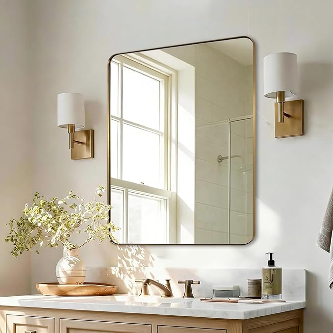ANDY STAR Gold Bathroom Mirrors for Over Sink, 28x36 Inch Brushed Brass Wall Mirror, Rectangular Metal Framed Vanity Mirror -Modern Clean Design with Superior Stainless Steel Frame