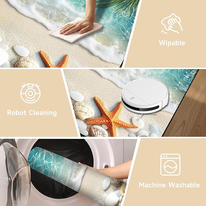 3'x5' Beach Rug Starfish Seashell Area Rugs for Entryway Bedroom Living Room Kitchen Home Decor Ocean Sea Wave Carpt 3D Non Slip Washable Throw Rug Coastal Seaside Floor Mat