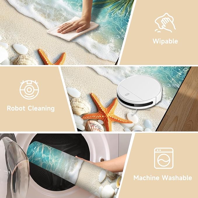5'x7' Beach Rug Starfish Seashell Area Rugs for Bedroom Living Room Kitchen Nursery Playroom Home Decor Ocean Sea Wave Carpt 3D Non Slip Washable Throw Rug Coastal Seaside Floor Mat