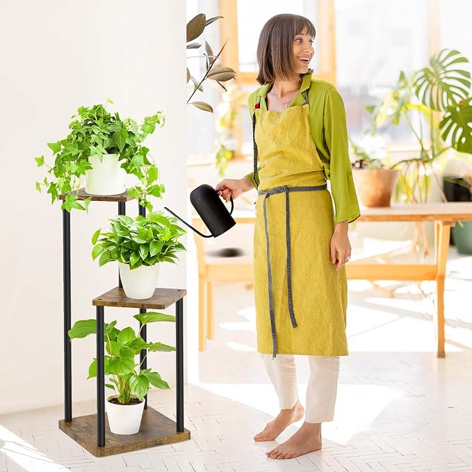 Oppro 3 Tier Corner Plant Stand Indoor, Metal Wood Flower Pot Holder Shelf, Multiple Display Rack Square Table for Living Room Bedroom Orchid Outdoor Balcony Garden Patio, Modern Black & Rustic Brown