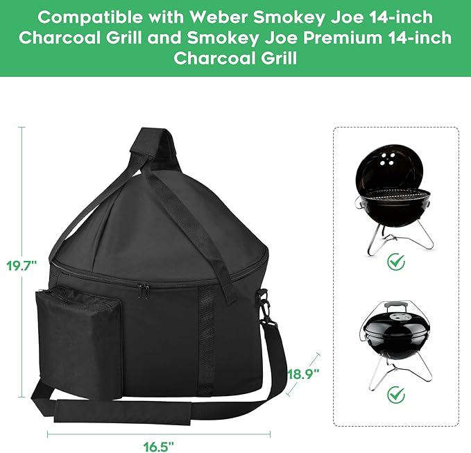 EZ-DONGTENG Portable Grill Carry Bag Compatible with Weber Smokey Joe 14-inch Charcoal Grill and Smokey Joe Premium 14-inch Charcoal Grill, with Pocket, Handle and Shoulder Strap, Black