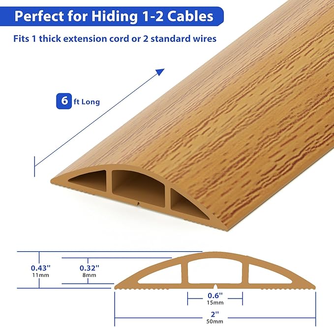 Floor Cord Cover 6ft, Yellow Oak Wood Wire Hider Floor Hide Extension Cords, PVC Cable Management Cover, Cable Protector, Cord Cavity W0.6in x H0.32in