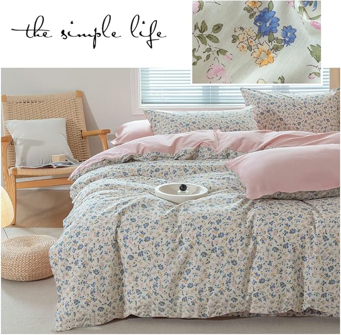 EAVD Vintage Style Garden Botanical Floral Duvet Cover Queen Soft 100% Cotton Pink Blue Yellow Floral Bedding Set with 2 Pillowcases Chic Botanical Duvet Cover with Zipper Closure