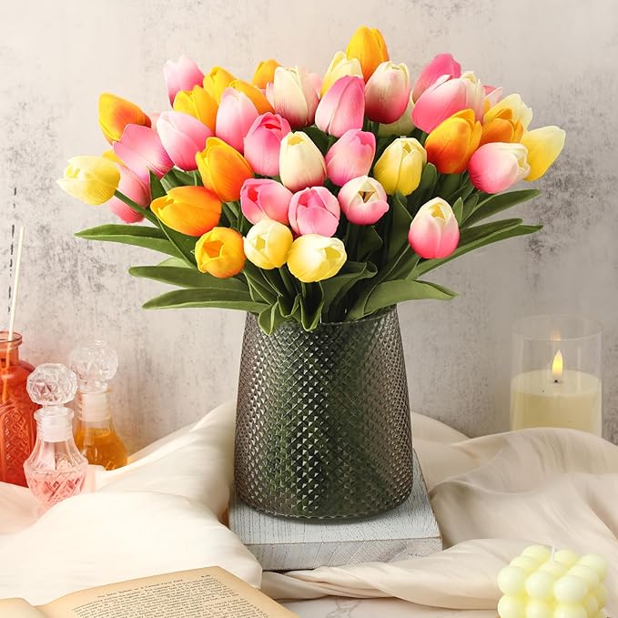 Janinka 64pcs Artificial Tulip Flowers Fake PU Tulips Faux Latex Bouquet Flower Centerpieces Arrangement Floral for Mother Day Wedding Spring Decorations (Multicolor)