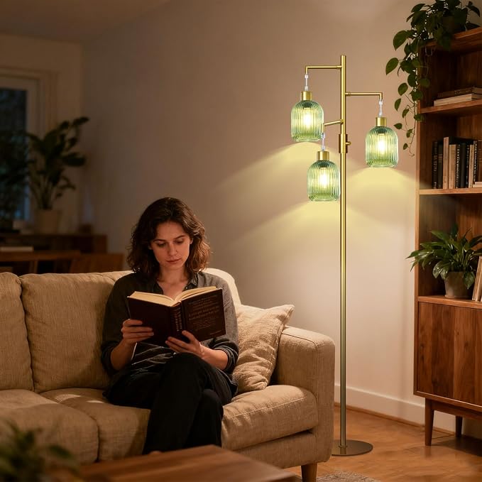 Modern Floor Lamps for Living Room, Glass Standing Lamp with Green Shade, Dimmable Ribbed Glass 3 Lights Floor Lamps, Mid Century Tall Lamp for Bedroom, 3 Bulbs Included