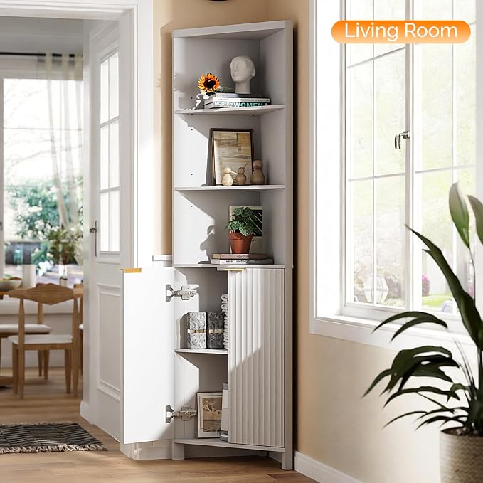 VINGLI Tall Corner Cabinet with Fluted Doors, 68" White Corner Storage Cabinet with Adjustable Shelves, Freestanding Wood Corner Bookshelf for Bathroom, Living Room & Kitchen, Space-Saving