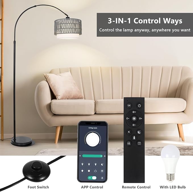 Boho Floor Lamps for Living Room, Arc Floor Lamp for bedroom with Remote and Dimmable Bulb, Over Couch Standing Lamp, Farmhouse Tall Lamp with 3 Color Temperatures, Height Adjustable Corner Floor Lamp