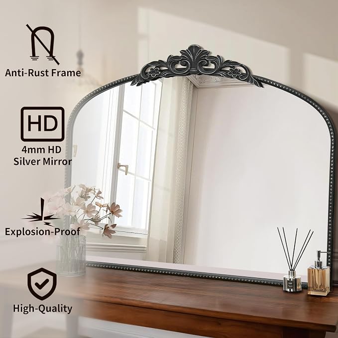 Micasso Large Vintage Black Mirror: 40"x29" French Baroque Antique Arched Mirror - Traditional Ornate Decorative for Wall/Fireplace/Mantel/Entryway/Bathroom/Hallway - Home Decor for Living Room