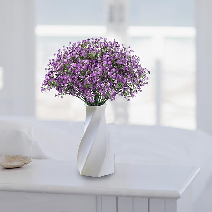 JIFTOK Babys Breath Artificial Flowers, 24 Pc Fake Flowers Gypsophila Bouquet Fall Flowers Artificial for Decoration, Real Touch Silk Flower for Wedding Christmas DIY Party Home Garden Office (Purple)