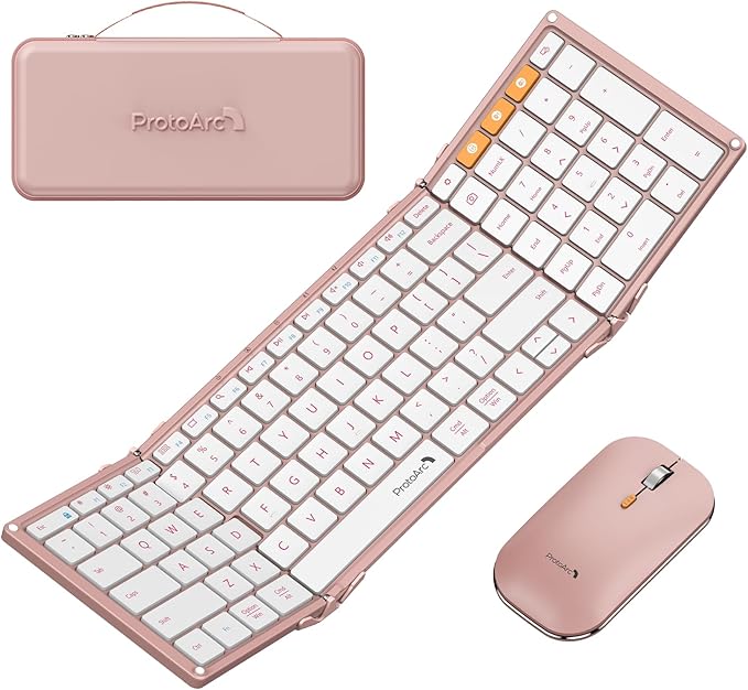 ProtoArc Foldable Keyboard and Mouse, XKM01 True Full-Size Folding Wireless Keyboard Mouse Combo for Business Travel, a Portable Office Suite On-The-Go, Compatible with Laptop iPad Tablet - Pink