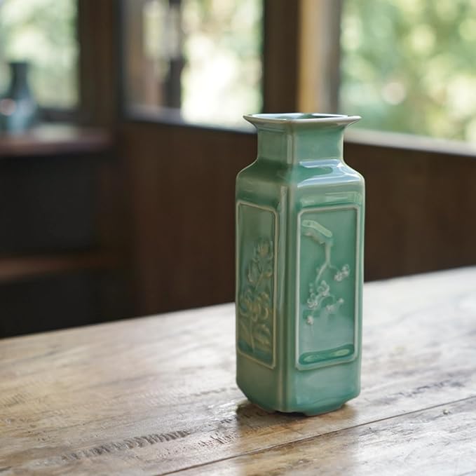 Handmade Sage Green Vase – Small Jade Green Ceramic Bud Vase (5.5in), Oriental Pottery Decor for Table, Shelf, or Meditation Space