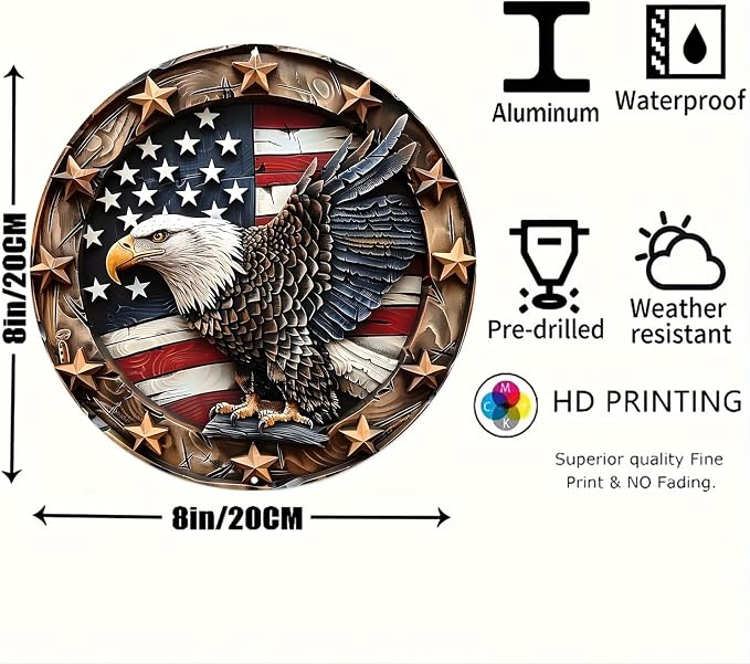 Eagle Wings Patriotic Aluminum Metal Wall Art - Weatherproof Round American Flag with Bald Eagle Decor, Pre-Drilled HD Print Sign for Home, Garage, Bar, Cafe7.98x7.98Inch Diameter