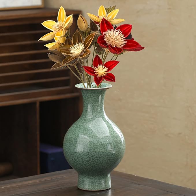11.2Inches Chinese Ceramic Art Handmade Antique ice Crack Glaze Chinese vases Big China Porcelain Flower Bottle Green Vase for Flowers Home Decoration