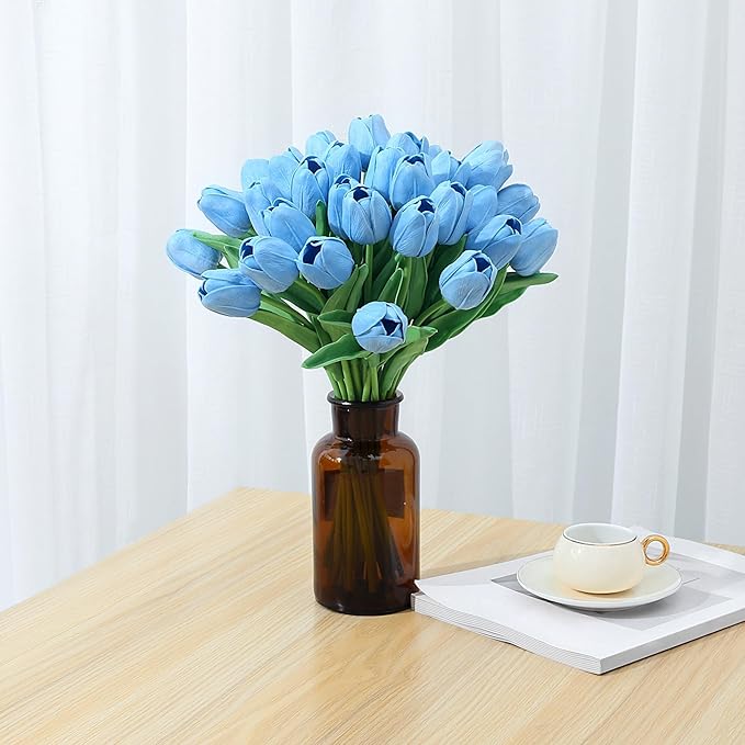 10 Pcs Blue Tulips Fake Artificial Flowers Real Touch 13" Silk Flower for Home Decor Wedding Bouquet Decorations Floral Arrangements