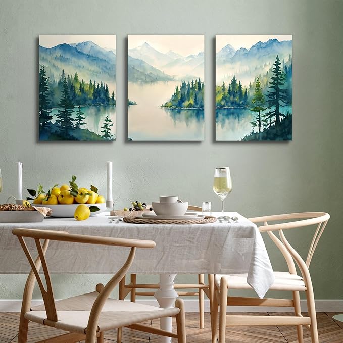 SERIMINO Nature Landscape Wall Art for Living Room, Green Forest Mountain Canvas Prints Paintings Room Decor, Lake Tree Cottagecore Modern Farmhouse Wall Decor Set of 3, 16"X24"
