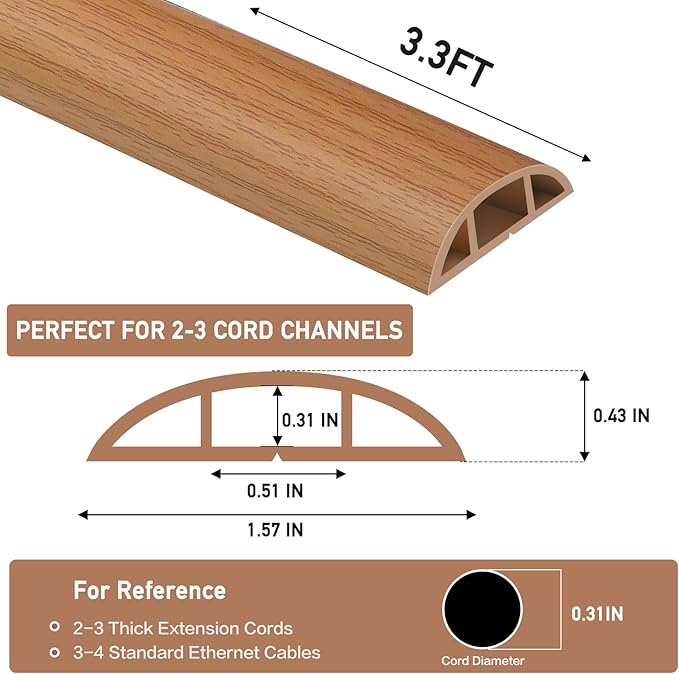 Floor Cord Cover Self Adhesive Cord Hider Floor Extension Cord Covers for Floor Power Cord Protector Cable Management Prevent Cable Trips Cable Cavity 0.51" W x 0.31" H (Light Brown Wood, 3.3Ft)