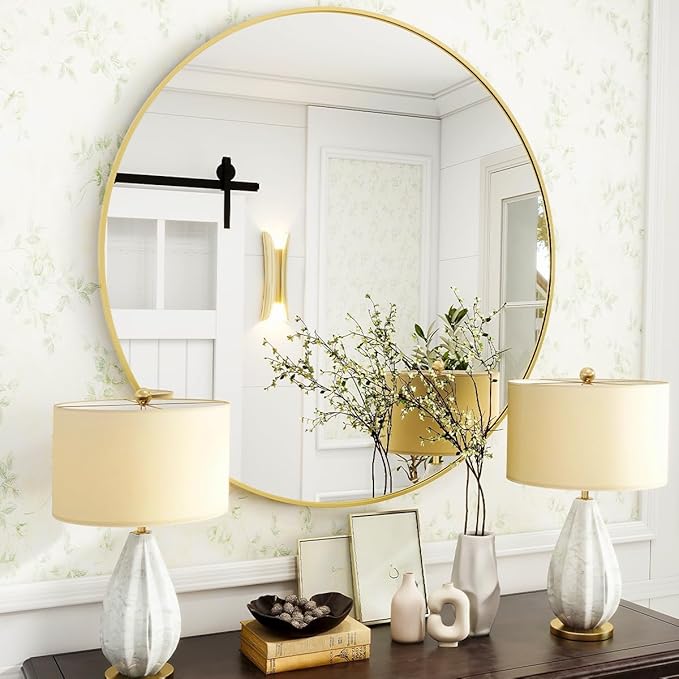 VooBang Gold Round Bathroom Mirror, 30 inch Circle Wall Mounted Hanging Mirror with Simple Modern Circular Metal Frame for Hallway, Entryway, Living Room, Gold Frame