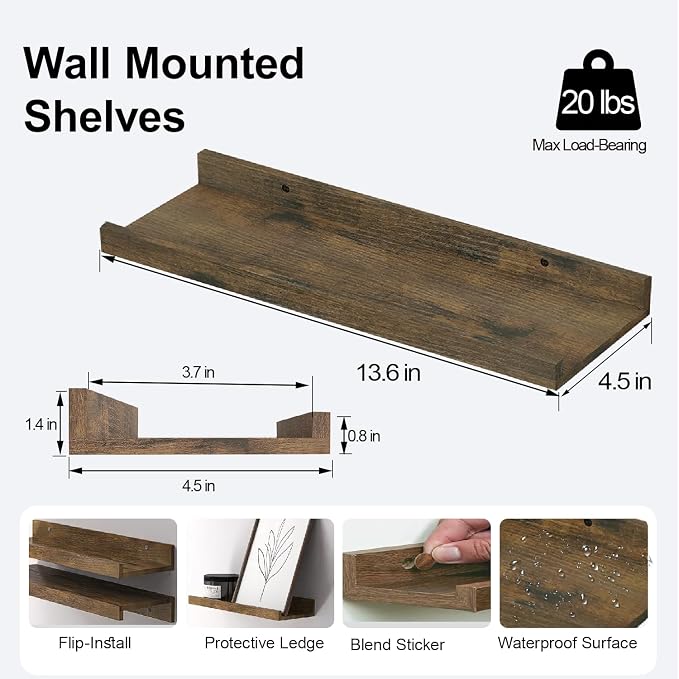 Floating Shelves for Wall Decor, Wall Mounted Wood Storage Shelf for Bedroom, Living Room, Bathroom, Kitchen, Nursery, Rustic Display Picture Ledge Shelf with Lip Set of 2-14 Inches, Brown