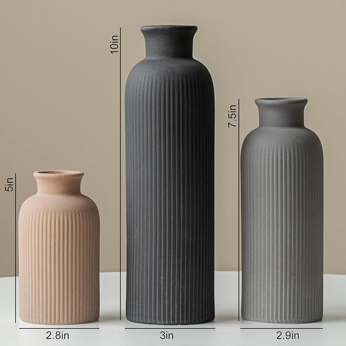 Modern Ceramic Vase Set, Black Ribbed Matte Design, 3-Piece Decorative Vases for Home, Living Room, Office (Black Mix)