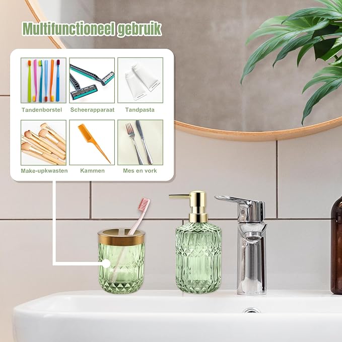 2Pcs Green Bathroom Accessories Set, Glass Bathroom Accessories, Vintage Bathroom Countertop Decoration Includes Soap Dispenser, Toothbrush Holder