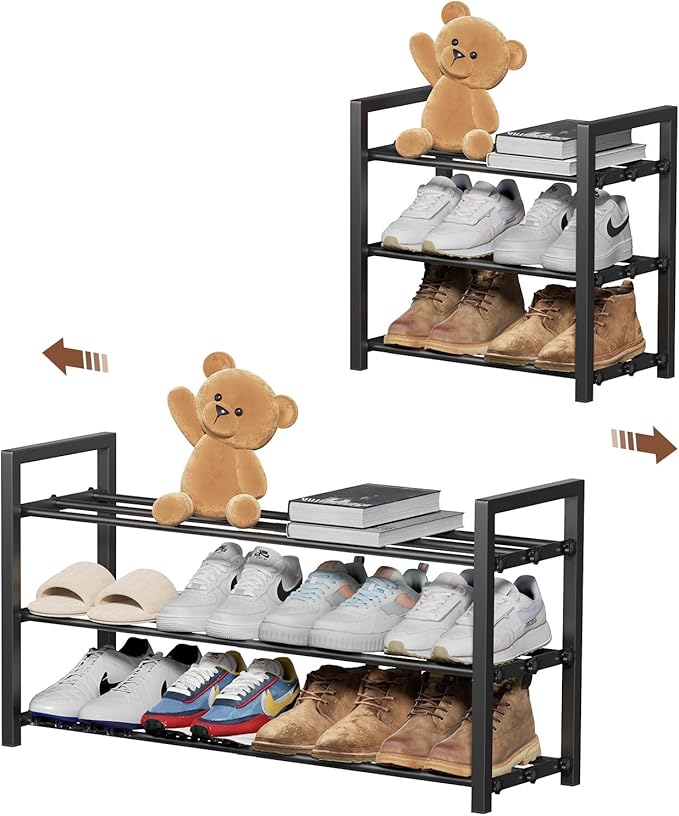 HDDTTZ 3-Tier Expandable Shoe Rack, Adjustable Shoe Shelf Storage Organizer Heavy Duty Metal Free Standing Shoe Rack for Entryway Closet Doorway (Black)