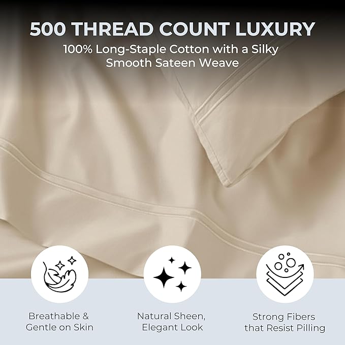 100% Natural Cotton Bed Sheets | 500 TC Single-Ply Sateen Weave Twin XL Sheets | Breathable & Hypoallergenic Solid 3-Piece Bedding with Deep Pocket Fitted, Flat, Pillowcase | Cream Beige