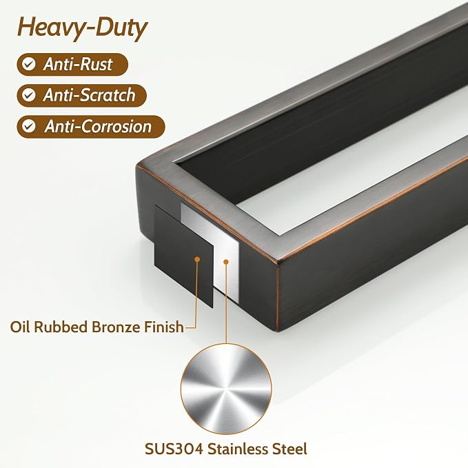 Sayayo Oil Rubbed Bronze Towel Bar for Bathroom, 10 Inch Hand Towel Holder Wall Mount Square Towel Ring SUS304 Stainless Steel Towel Rack