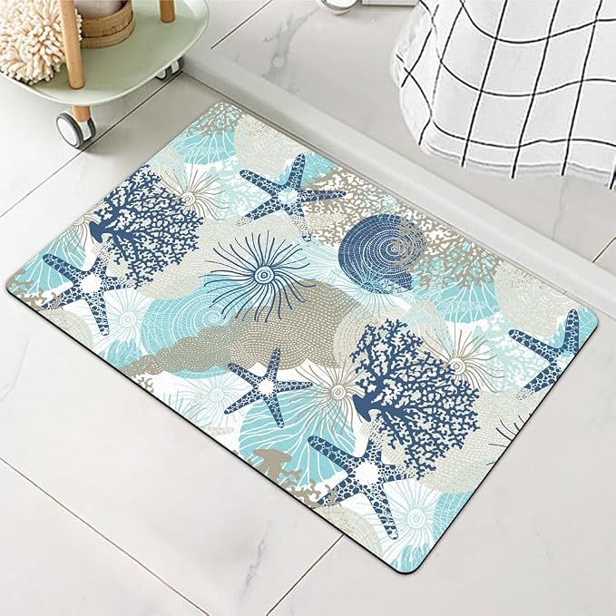 Diatomaceous Earth Bath Mat,Cute Corals and Seashells Non-Slip Volume Super Absorbent Fast Drying for Bathroom Kitchen mat,Eco-Friendly Easy to Clean 20×31Inch (50 * 80cm)