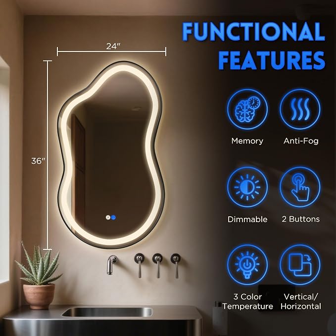Dorlicecass Irregular Led Bathroom Mirror- Black 24"x36" Single Piece Vanity Mirror with Lights IP54 Enhanced Anti-Fog, 3 Colors Dimmable, Memory,Tempered Glass,UL Listed