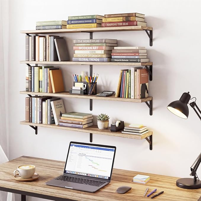 YGEOMER Floating Shelves for Wall, 35in Light Carbonized Brown Wall Shelves for Living Room, Bathroom, Bedroom, Kitchen, Home Decor (Set of 4)