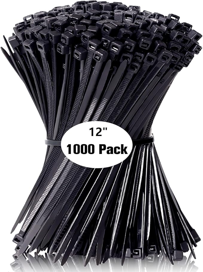 Zip Ties 12 inch, 1000 Pack Black Zip Ties, Self-Locking Nylon Cable Ties with 50 lb Tensile Strength,Wire Ties for indoor and outdoor use.