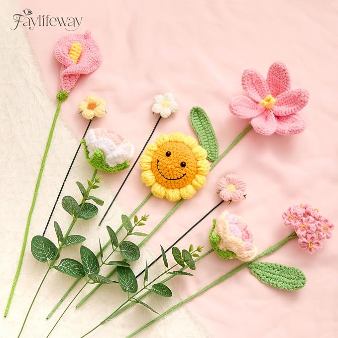 Crochet Flower Bouquet, Handmade Knitted Flowers,Pink Crochet Sunflower Bouquet for Lover Birthday, Anniversary, Wedding, Homecoming Gifts(Include Card)