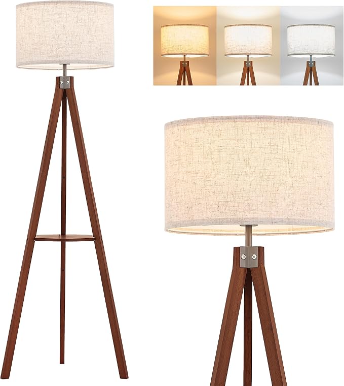 ELYONA Mid Century Floor Lamp with 3 Color Temperatures LED Bulb, Modern Wood Tripod Table Reading Standing Light, Wooden Shelf Floor Lamp for Farmhouse Living Room Bedroom Office Linen Shade Brown